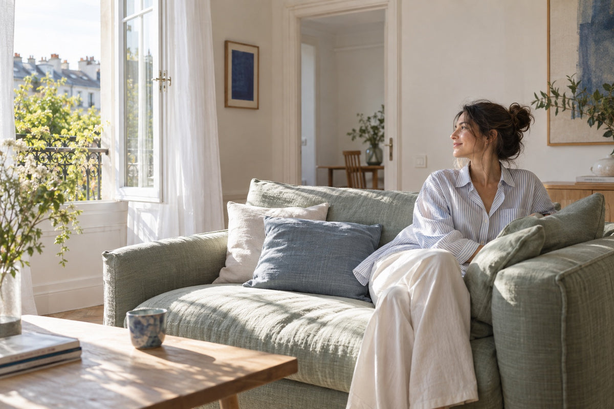 Illustrative scene: a relaxed woman in a sunlit living room