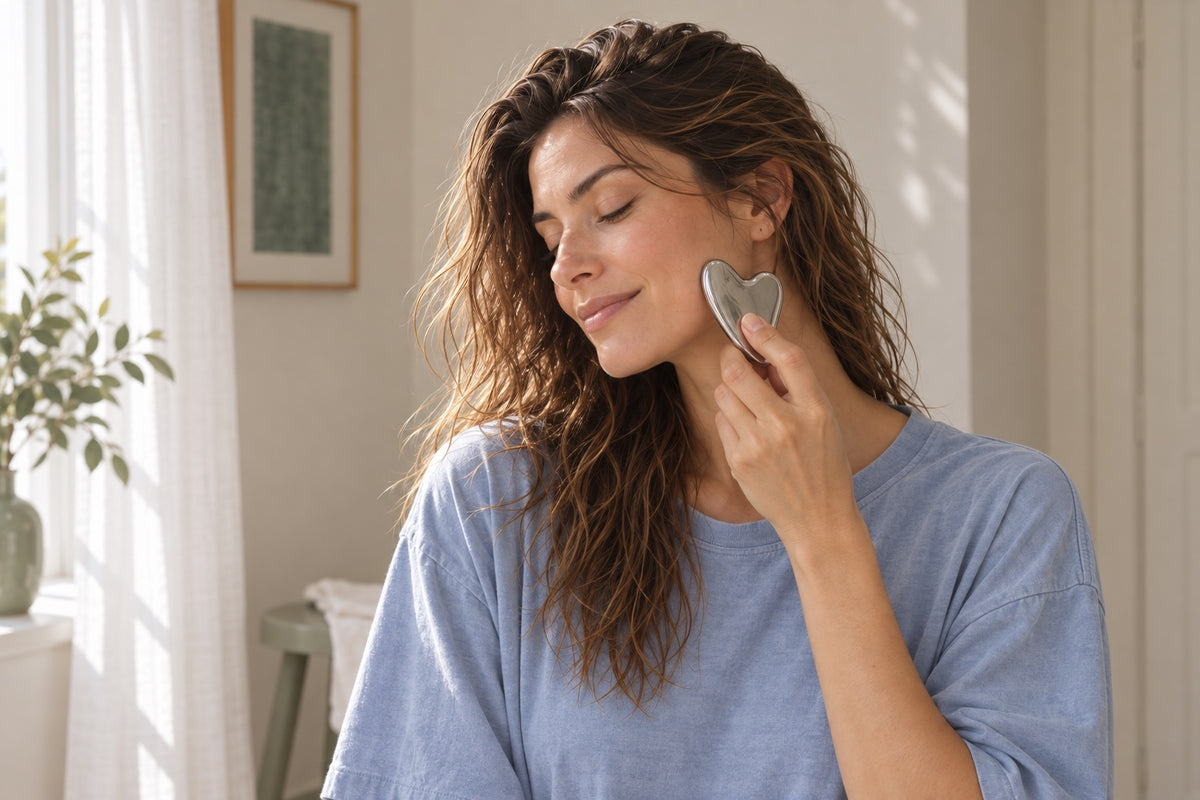Generated illustration of a woman in a relaxed blue T-shirt holding a smooth metal facial tool against her lower cheek.