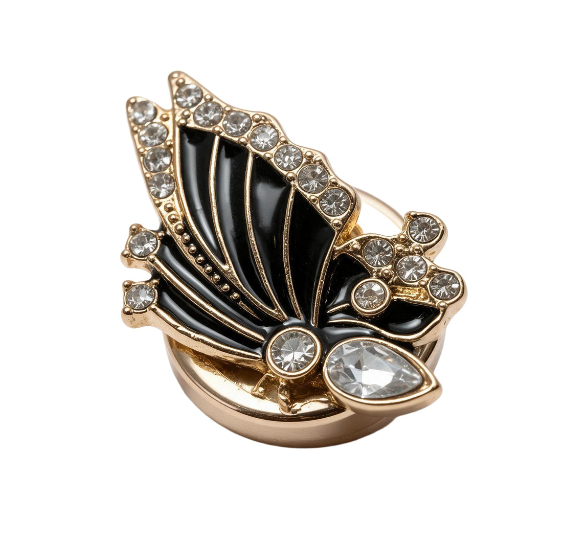 Black butterfly button cover with gold-tone outlines and clear decorative stones on a pure white background