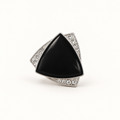 Black triangular scarf clasp with a silver-tone crystal-set frame, centered with generous off-white space