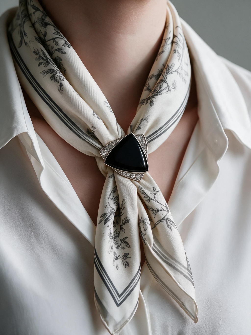 Black triangular silver-tone scarf clasp worn with an ivory botanical-print silk scarf and white shirt in soft light