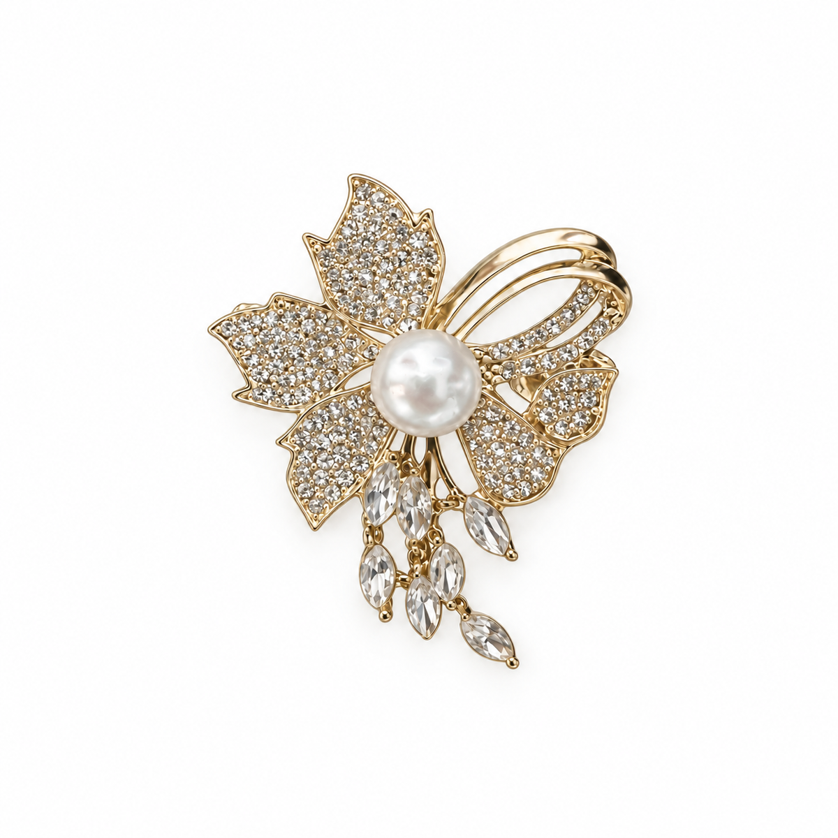 Gold-tone floral pearl-look rhinestone brooch with dangling clear stones, centered with generous white space