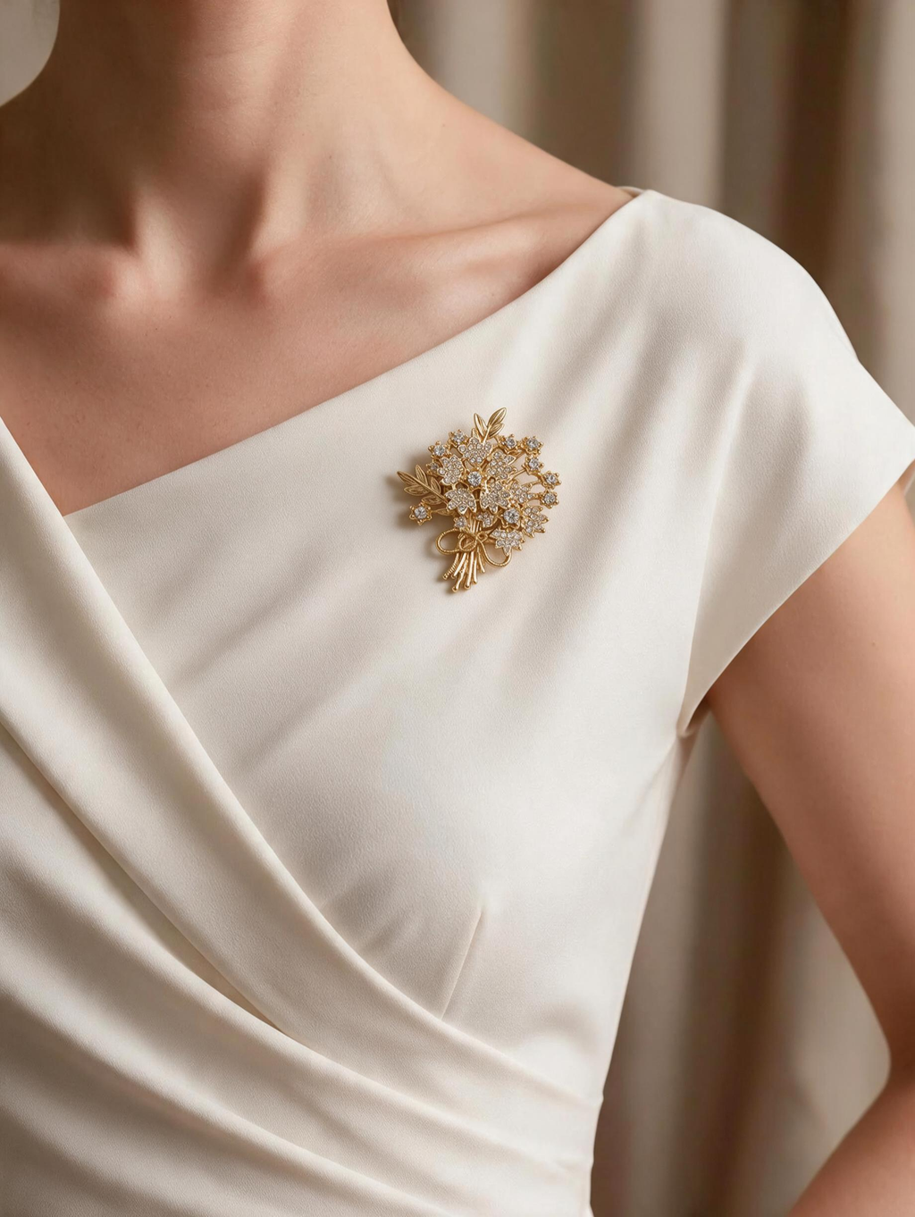 Golden Bouquet Brooch with gold-tone floral details and rhinestones worn on an ivory dress