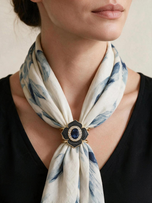 Close-up of the Midnight Flower Scarf Clasp worn with a blue-and-white scarf and black top