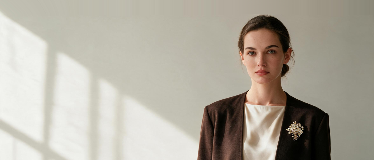 Model wearing the Golden Bouquet Brooch on a brown blazer, with extra space above her head