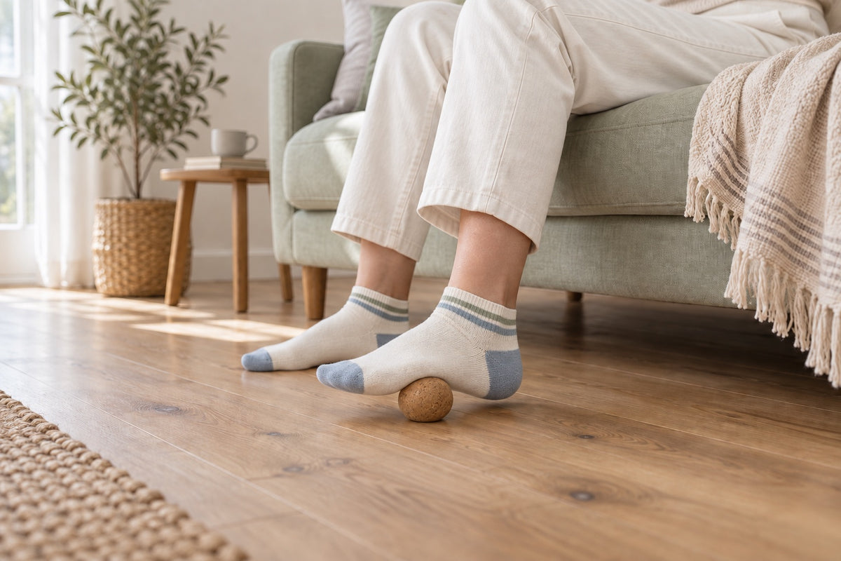 Illustrative use scene: ivory trousers and blue-green socks, with a cork massage ball under the foot arch
