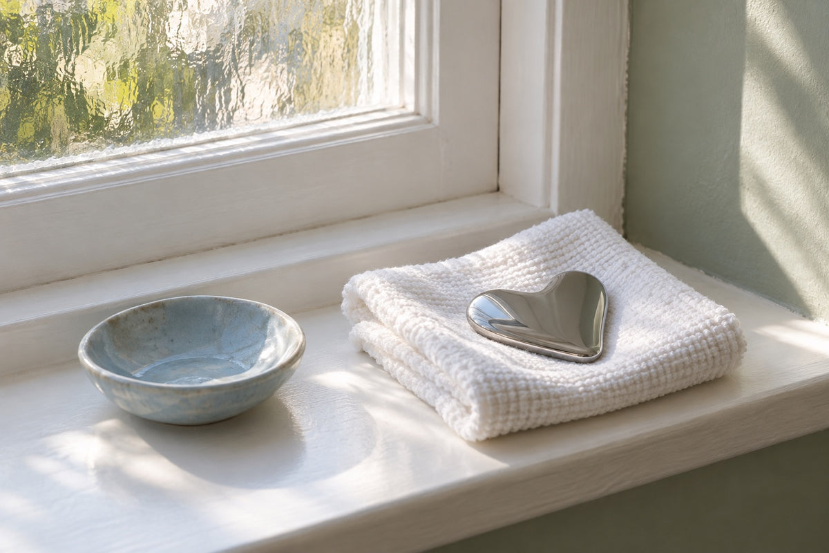 Concept image: a stainless facial tool on a washcloth by the window