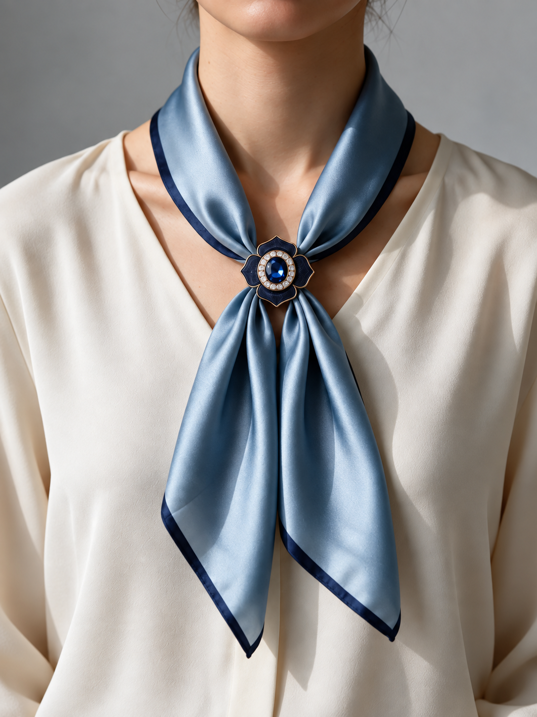 The Midnight Flower Scarf Clasp gathering a blue silk scarf over an ivory blouse in soft daylight
