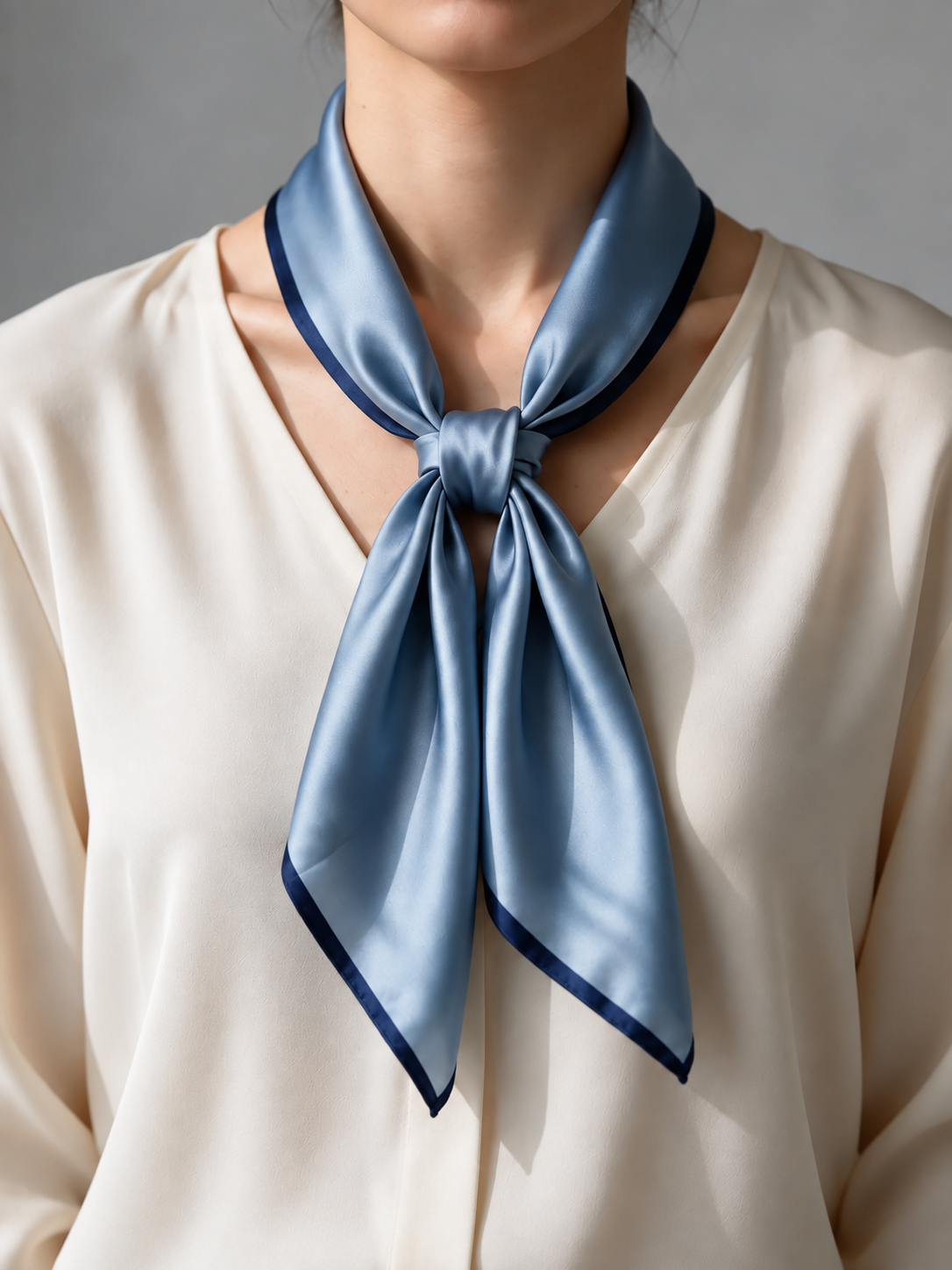 A blue silk scarf naturally tied by hand over an ivory blouse in soft daylight