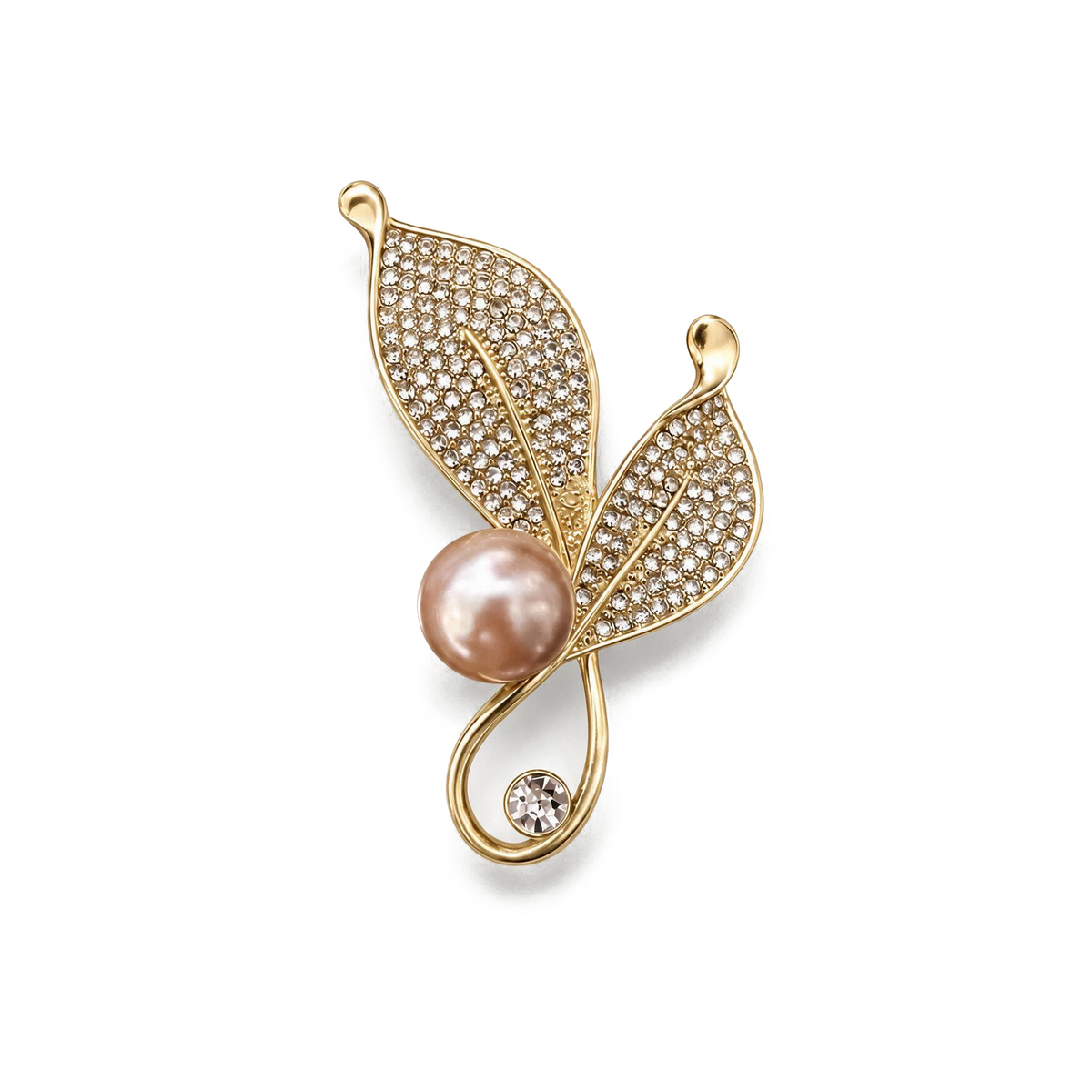 Twin Leaf Pearl-Look Brooch with original gold and pearl colors and balanced white-background scale